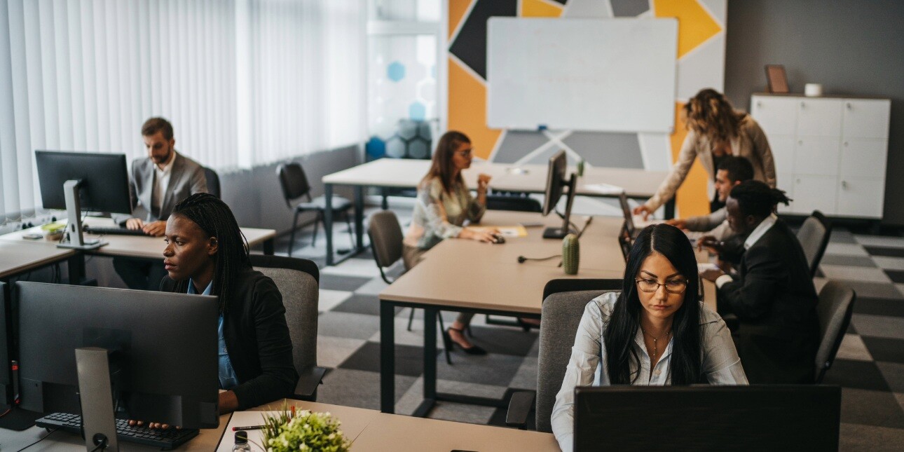 In an office with a grey and yellow walls seven colleagues sit at their computers